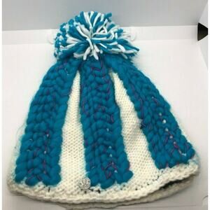 Adult Spyder Ladies Knit Hat w.Fleece Lining & Pom White Blue One Size